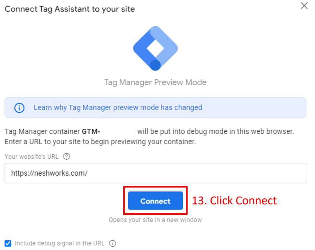 step 13 - connect tag assistant to website