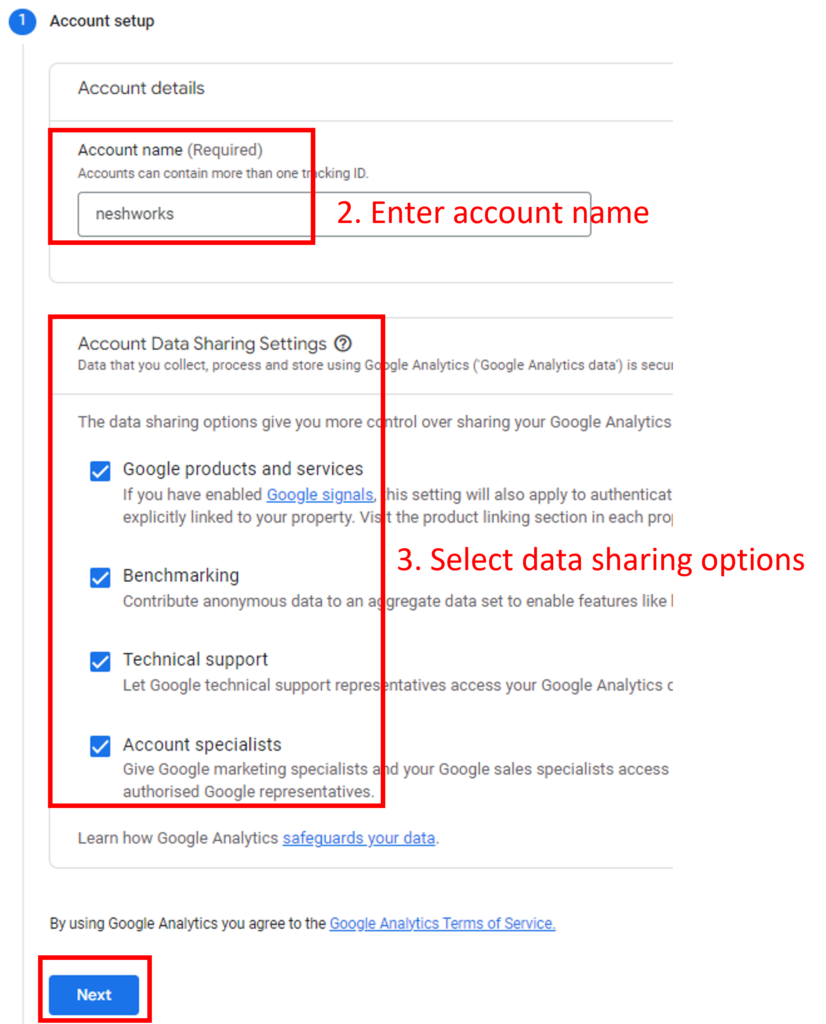 step 2 to 3 - account name and account data sharing settings