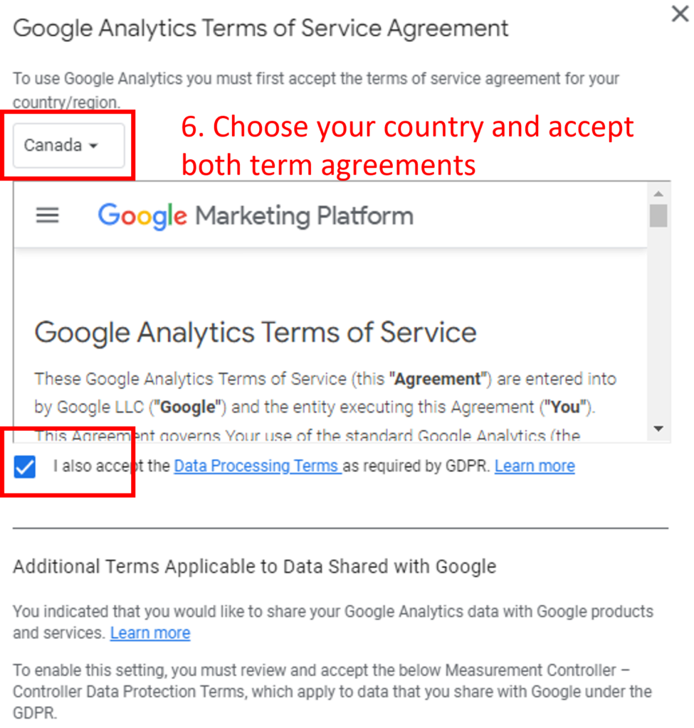 step 6 - google analytics terms of service